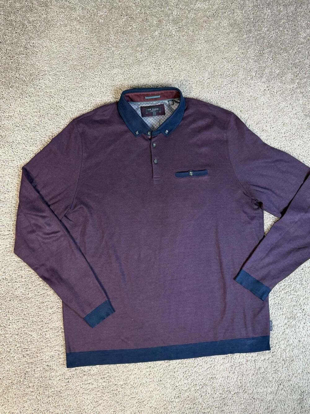 Ted Baker Polo Shirt Mens 3XL Purple Long Sleeve Collared Colorblock 100% Cotton